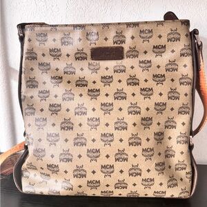 MCM Tan Visetos Logo Messenger Bag